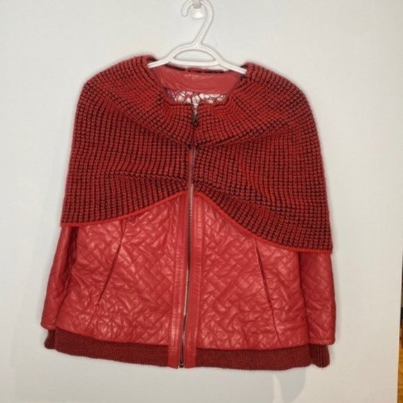 Giorgio Rotti Women Red Knit Scarf Collar Soft Leather Lined Jacket Size Large - Picture 1 of 16